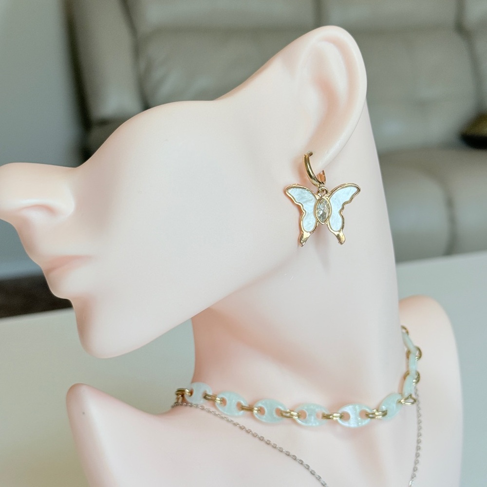 Gold Butterfly Drop Earrings in Cream
